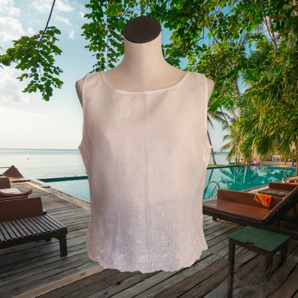 White Linen Embroidered Tank Top - Picture 1 of 5
